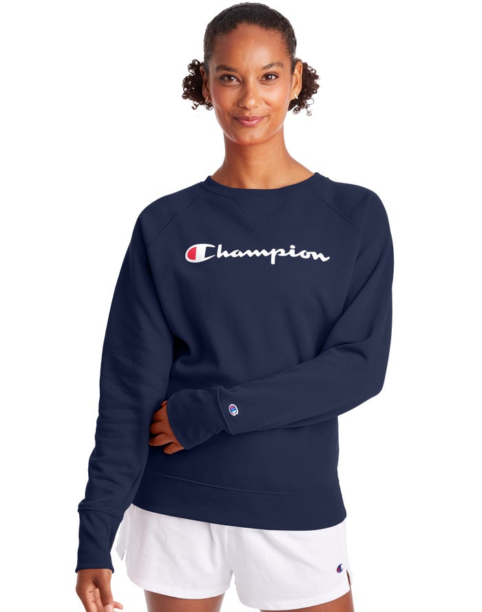 Champion Womens Sweatshirt NZ - Powerblend Fleece Classic Crew Script Logo Navy ( 3602-STLMW )